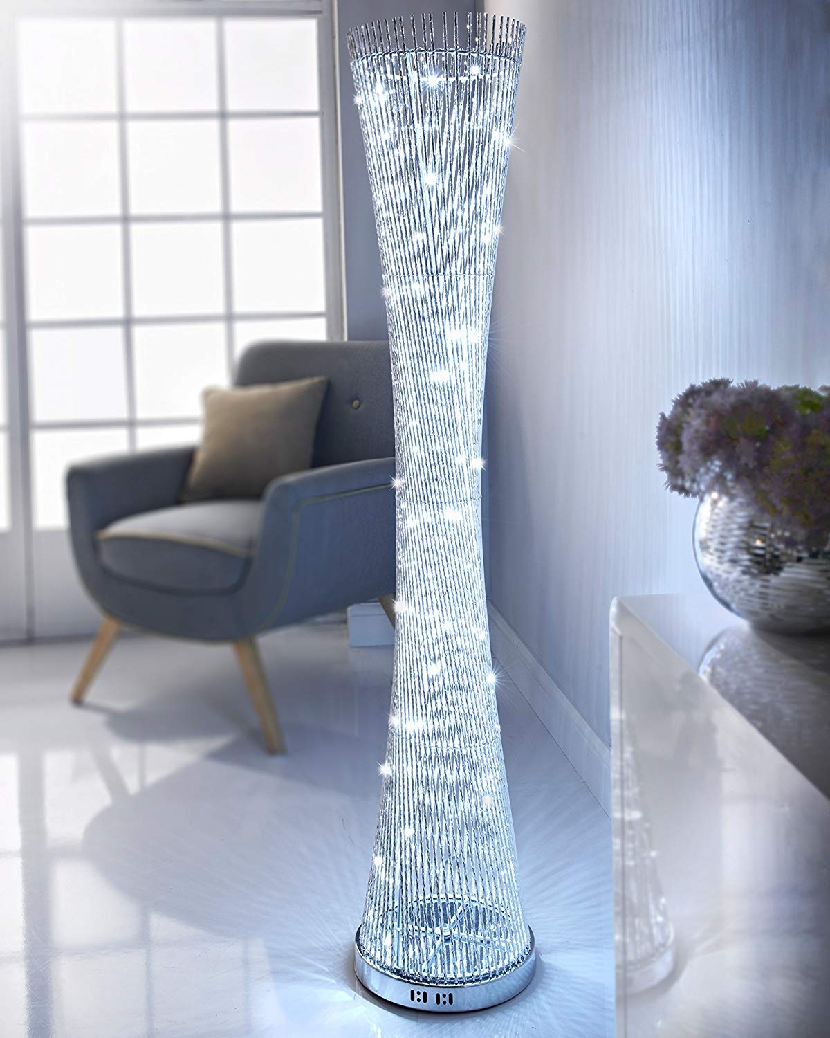 Auraglow Sparkling LED Floor Lamp with Modern Woven Twist Silver Spiral