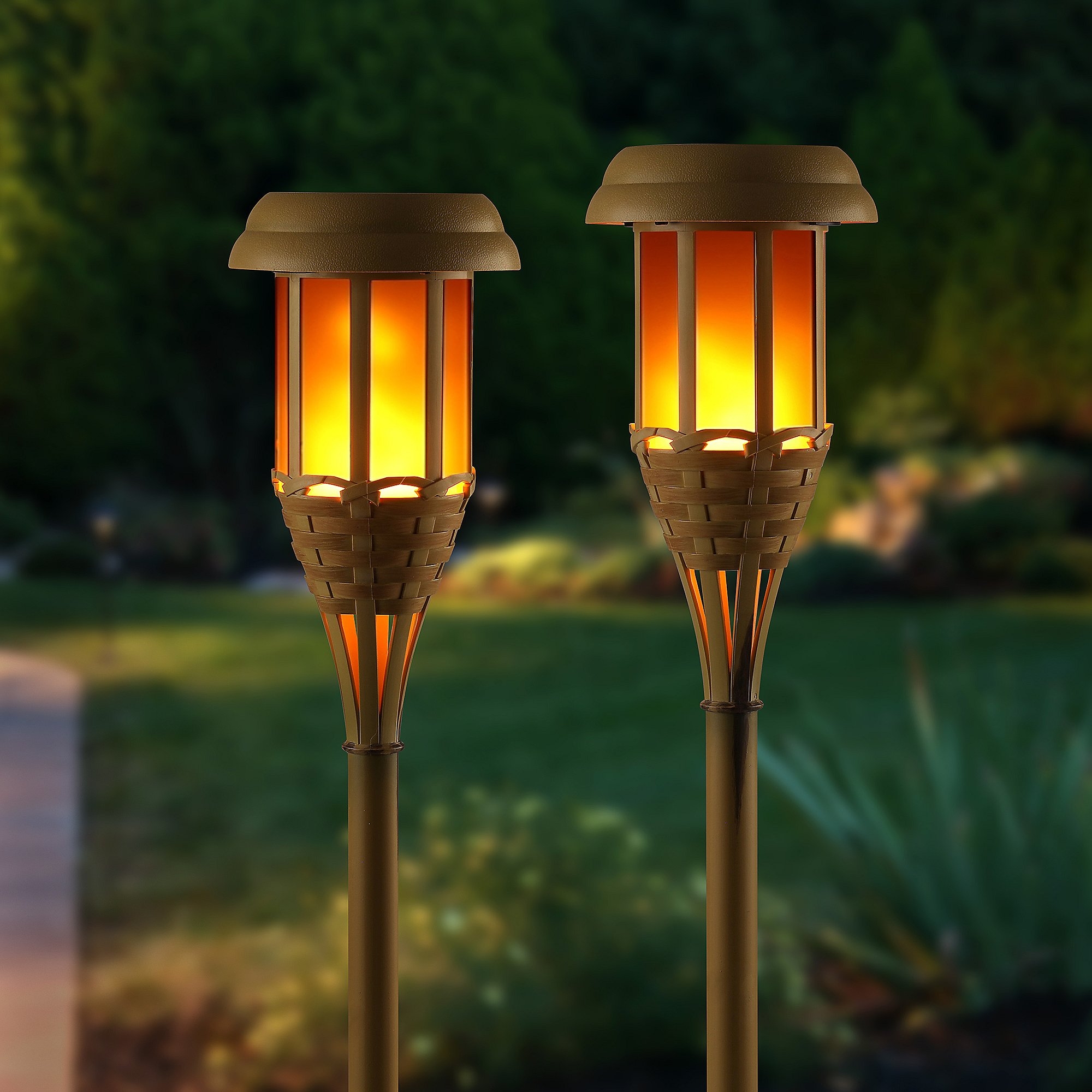 Auraglow Solar Bamboo LED Outdoor Garden Flame Tiki Path Post Light